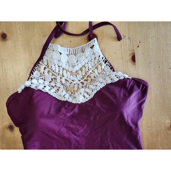 Small Purple Cupshe Crochet One Piece Bathing Suit Open Back Boho - Picture 2 of 8